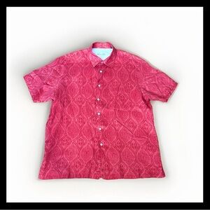 Tasso Elba Short Sleeve Coral Button Up 100% Linen Preppy Cruise wear Mens XL